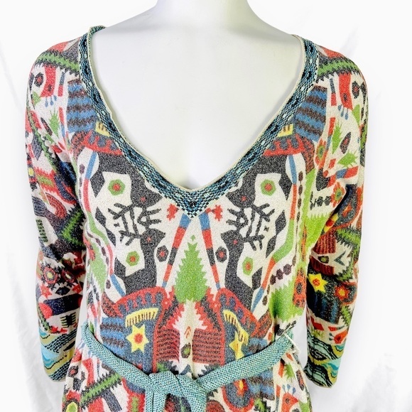 CUSTO BARCELONA MULTICOLOUR AZTEC  BODYCON DROP SHOULDER BELT DRESS LARGE - Picture 6 of 14